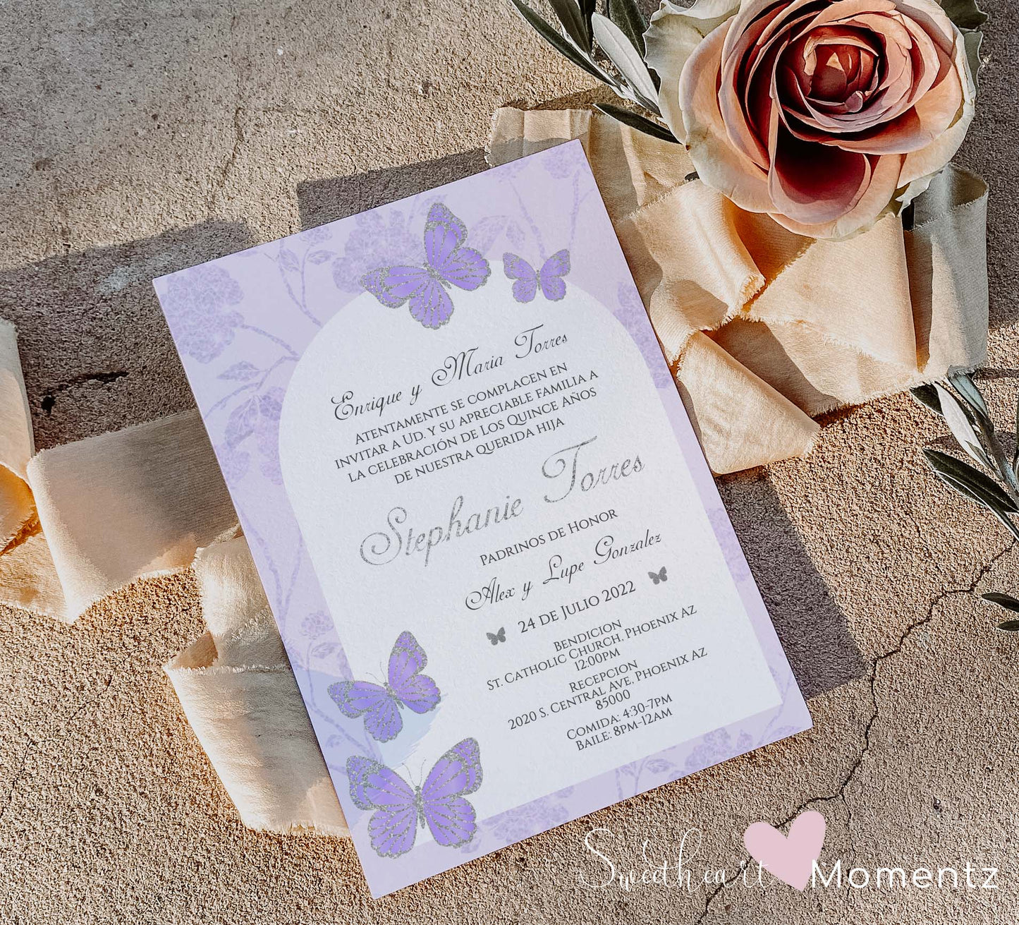 Purple and Silver Butterfly Quinceanera Invitation Style: Stephanie