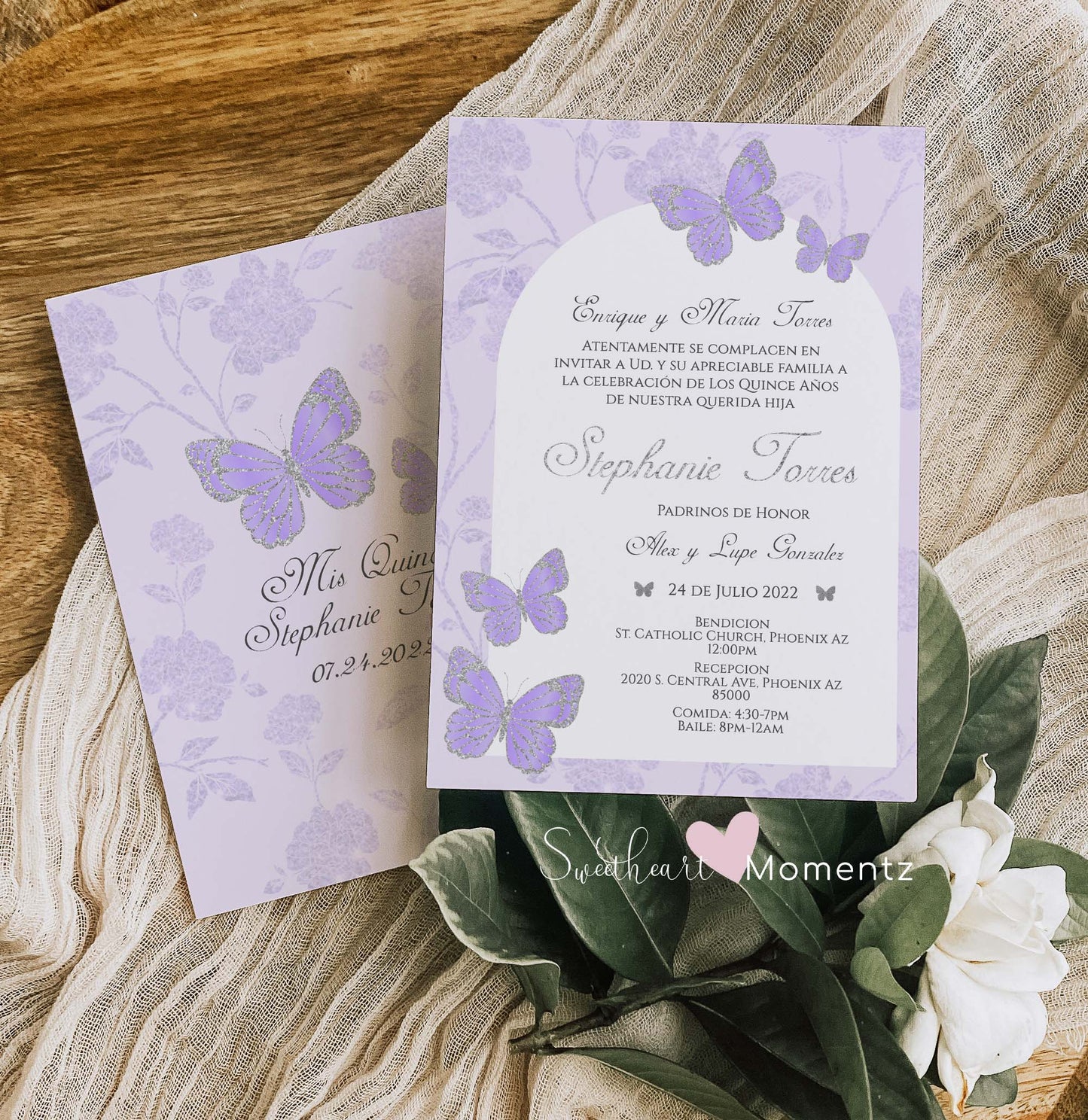 Purple and Silver Butterfly Quinceanera Invitation Style: Stephanie