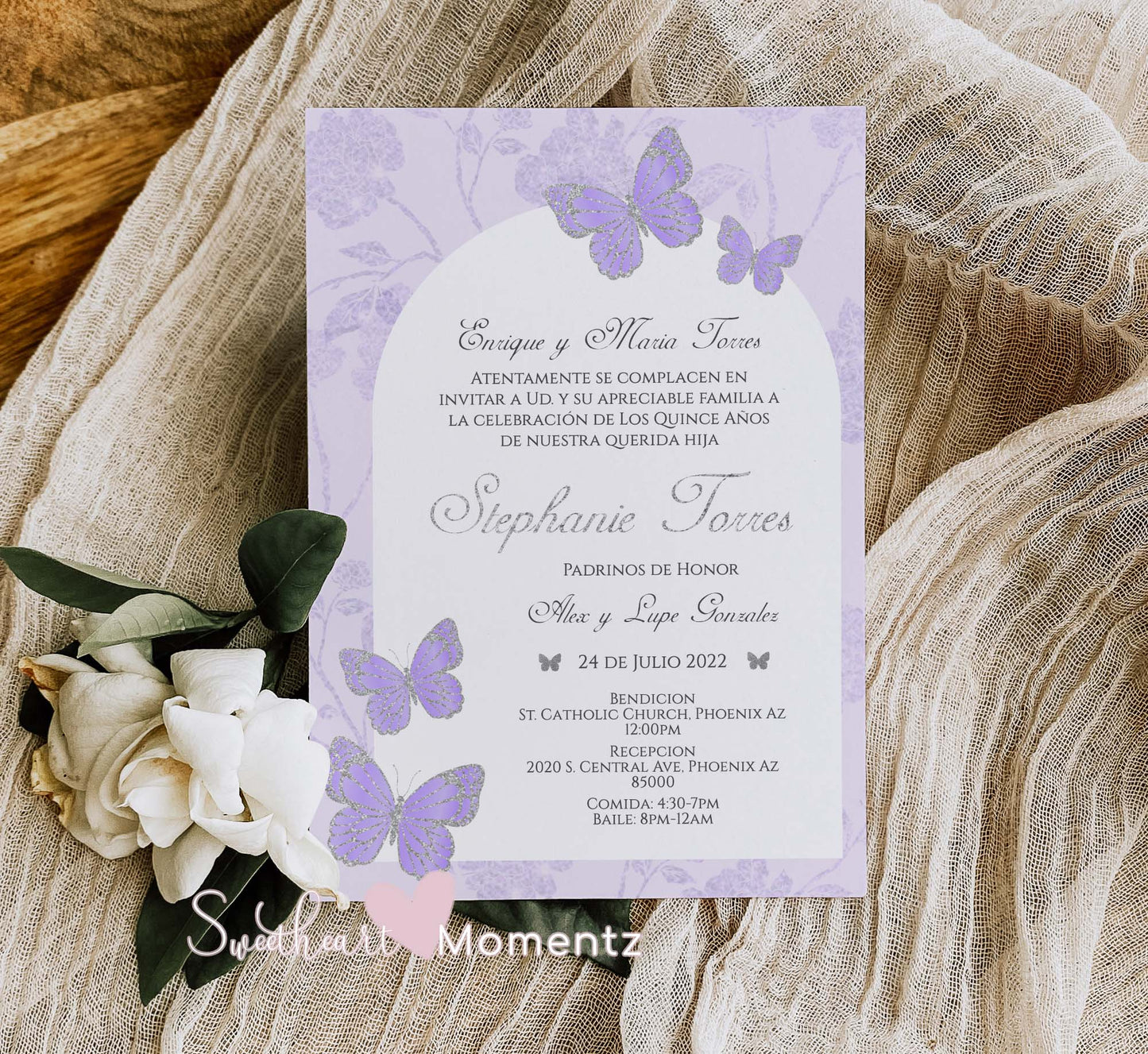 Purple and Silver Butterfly Quinceanera Invitation Style: Stephanie