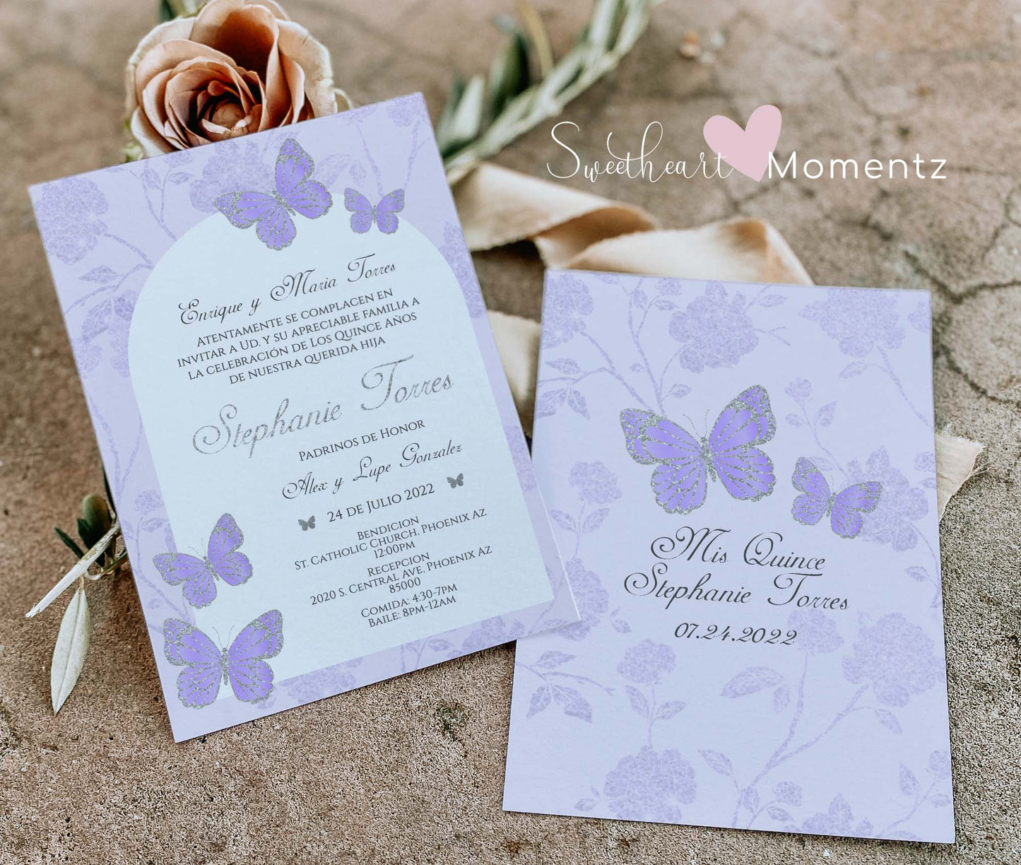 Purple and Silver Butterfly Quinceanera Invitation Style: Stephanie