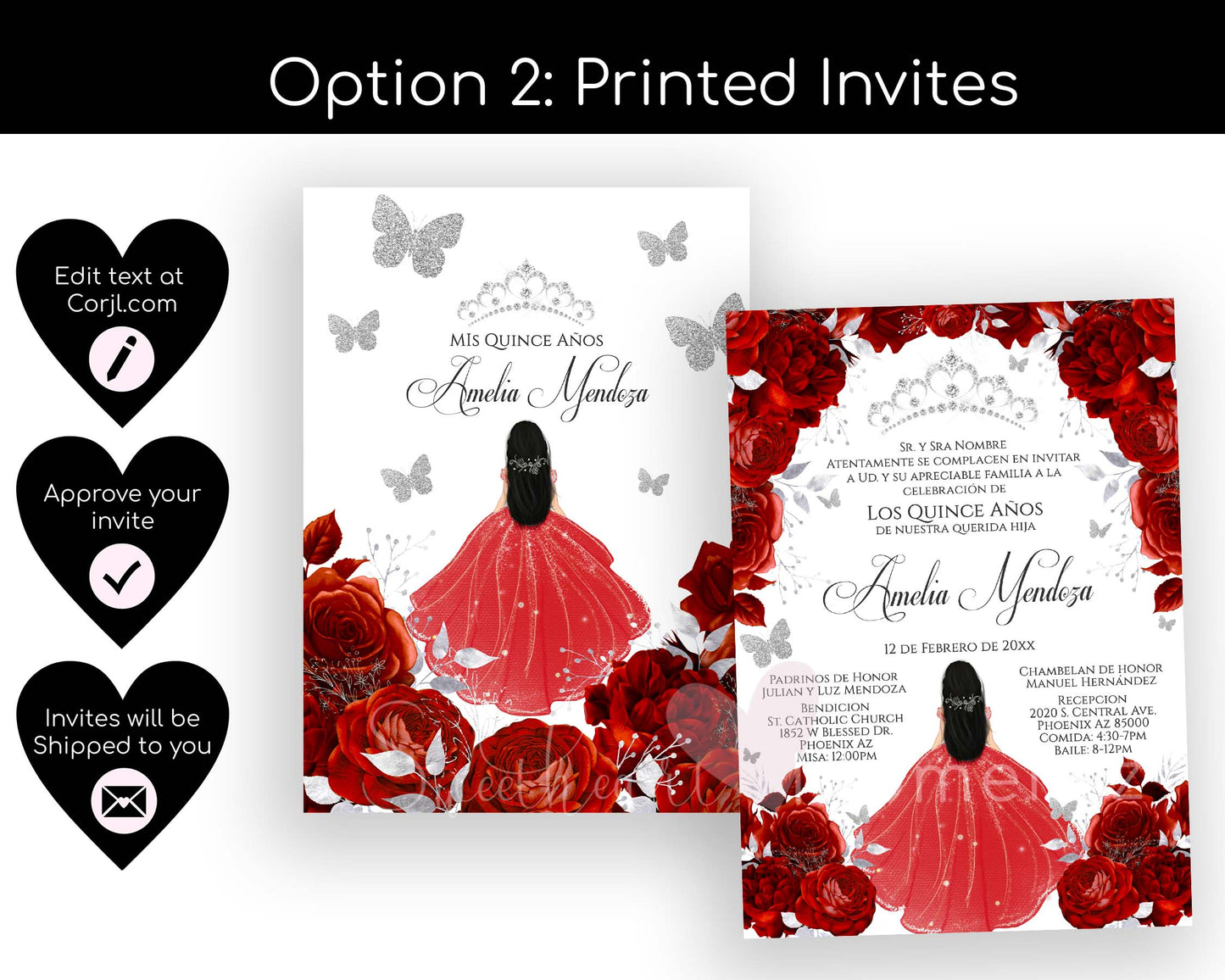 Red and Silver Butterfly Quinceanera Invitation with White Background Style: Amelia