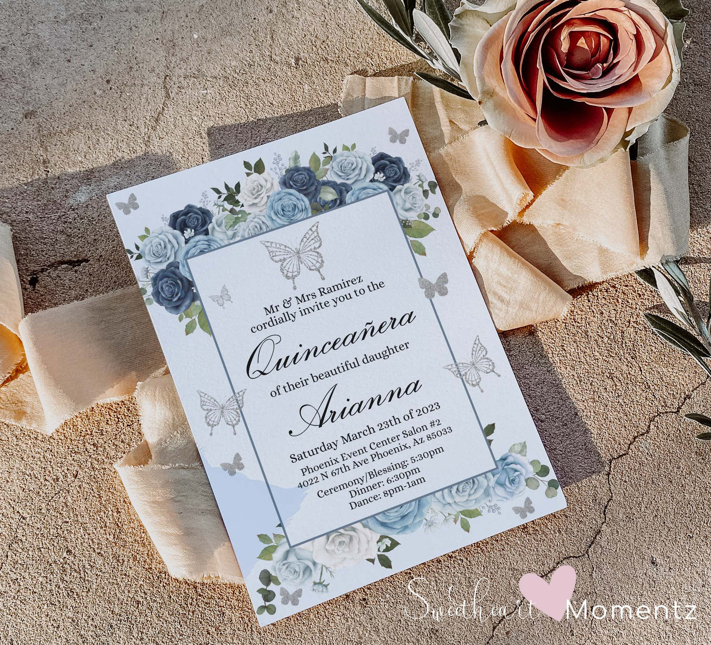 Blue and Silver Butterfly Quinceanera Invitation Style: Arianna