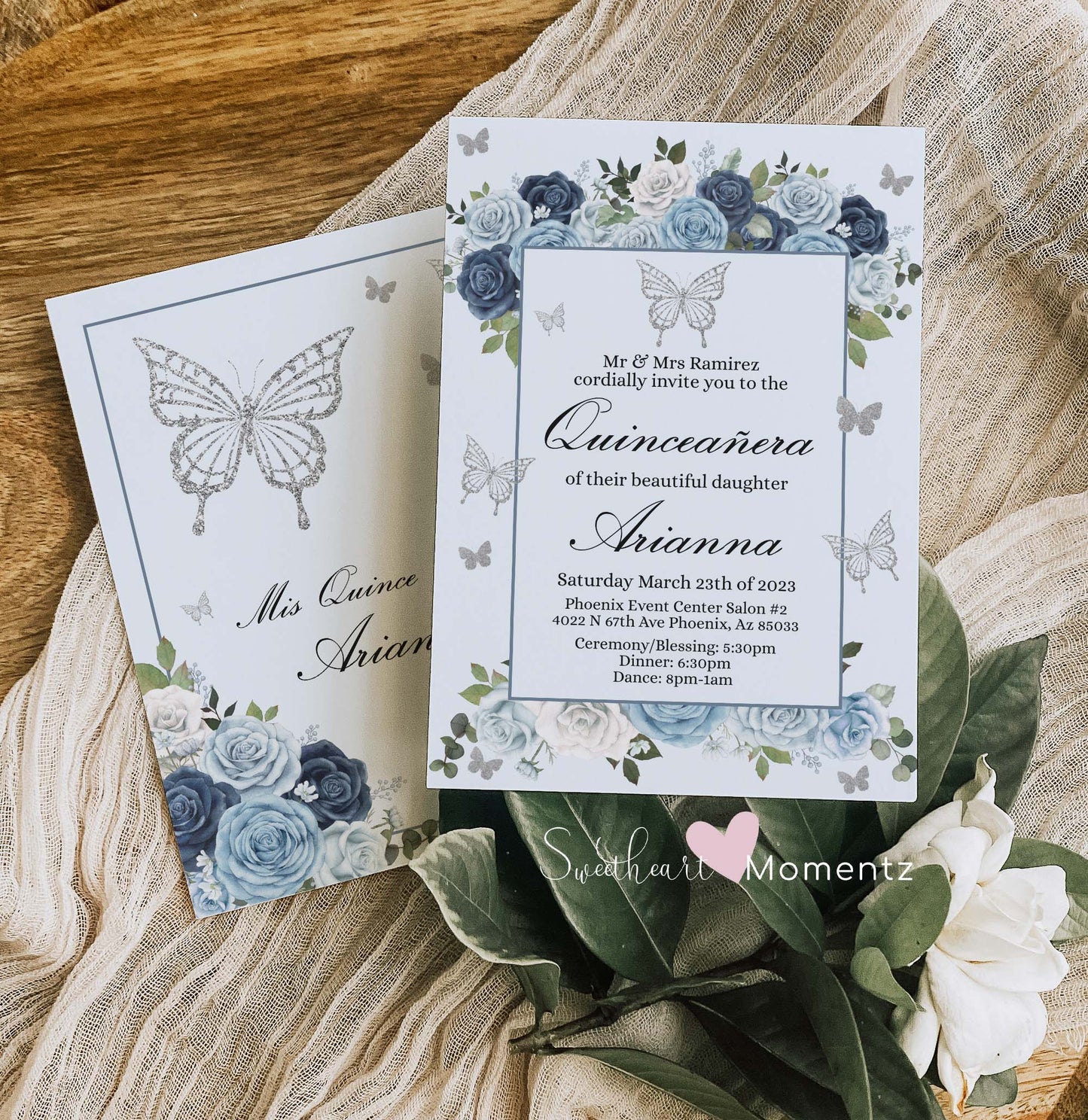 Blue and Silver Butterfly Quinceanera Invitation Style: Arianna