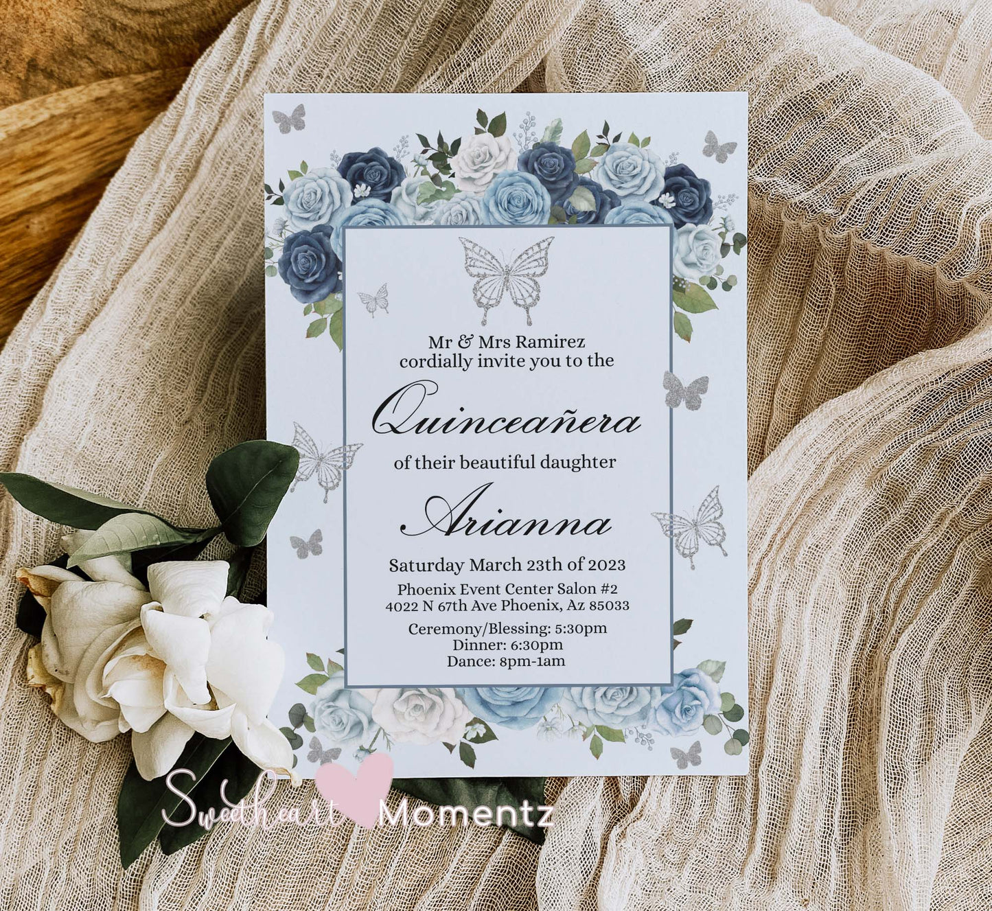 Blue and Silver Butterfly Quinceanera Invitation Style: Arianna