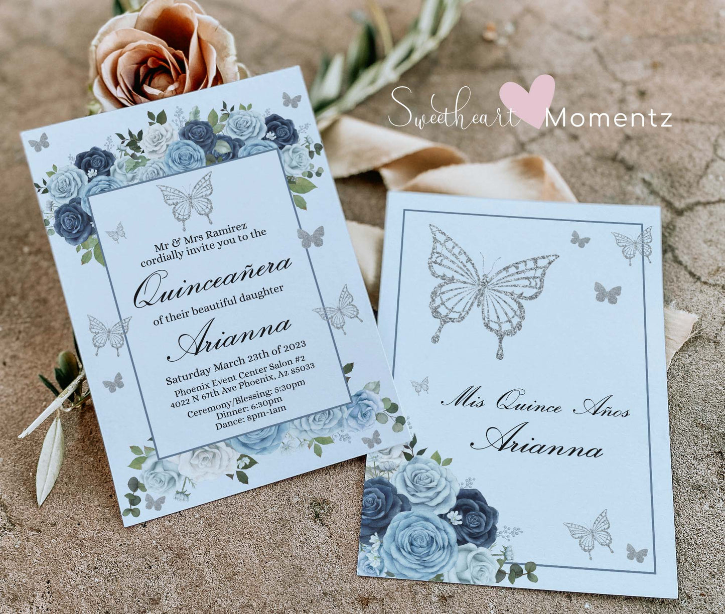 Blue and Silver Butterfly Quinceanera Invitation Style: Arianna