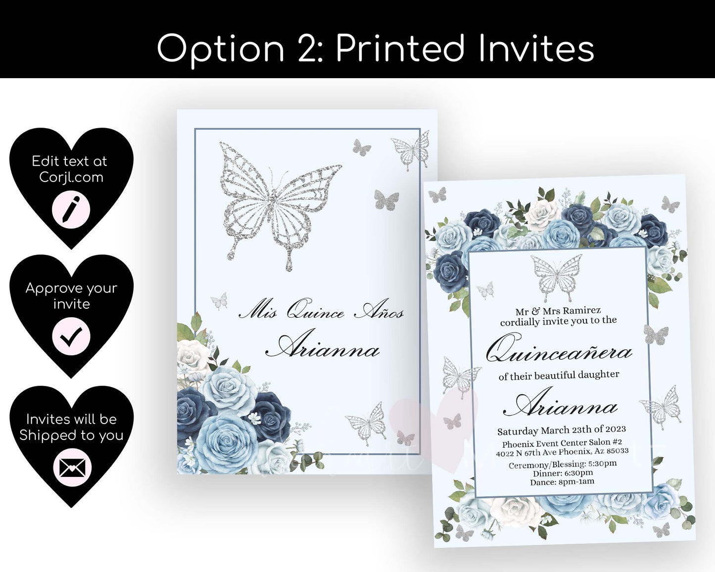 Blue and Silver Butterfly Quinceanera Invitation Style: Arianna