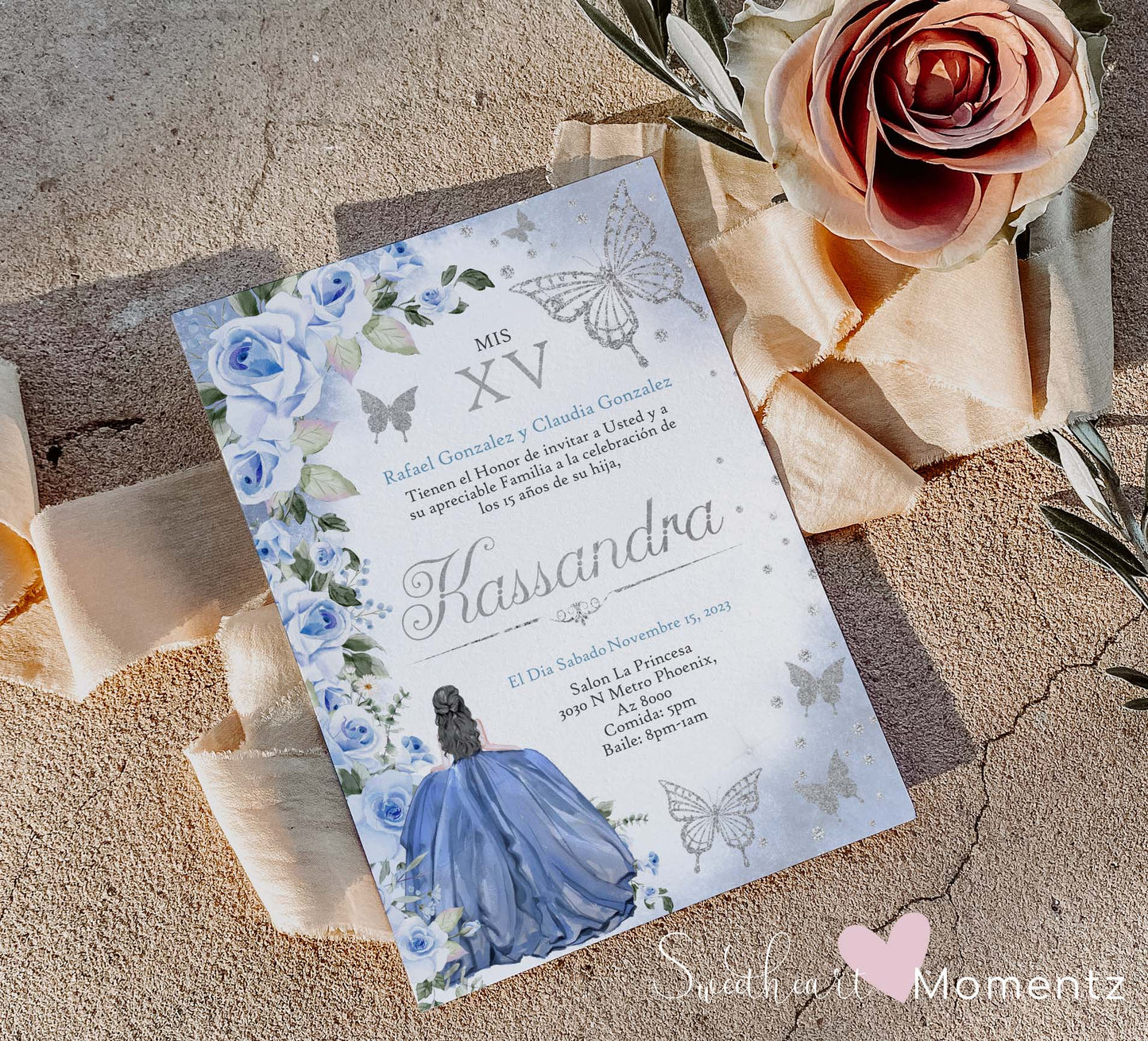 Blue and Silver Butterfly Quinceanera Invitation Style: Kassandra