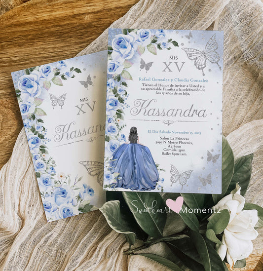 Blue and Silver Butterfly Quinceanera Invitation Style: Kassandra