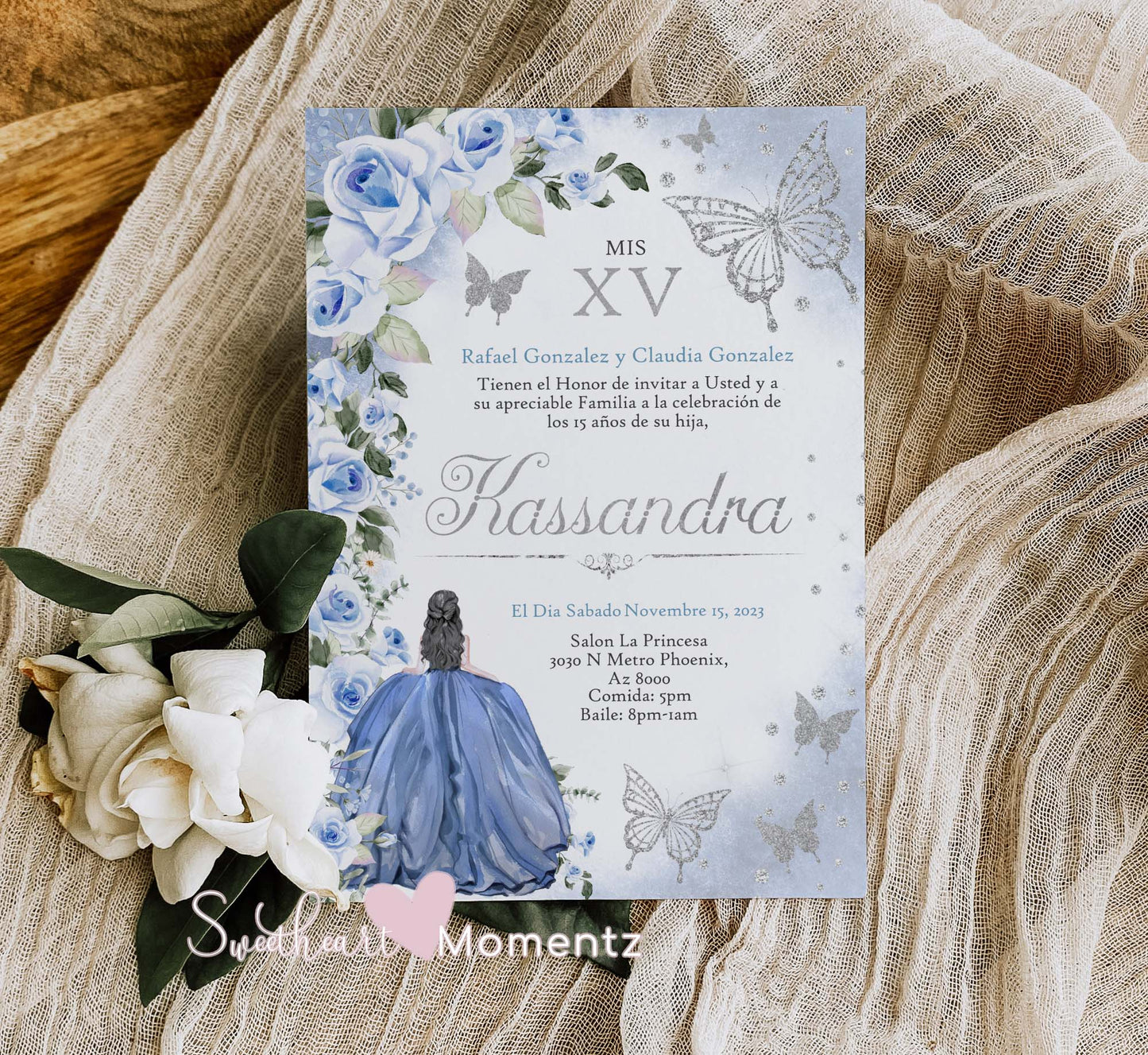 Blue and Silver Butterfly Quinceanera Invitation Style: Kassandra