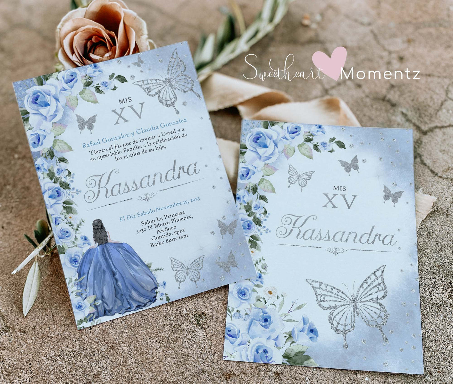 Blue and Silver Butterfly Quinceanera Invitation Style: Kassandra