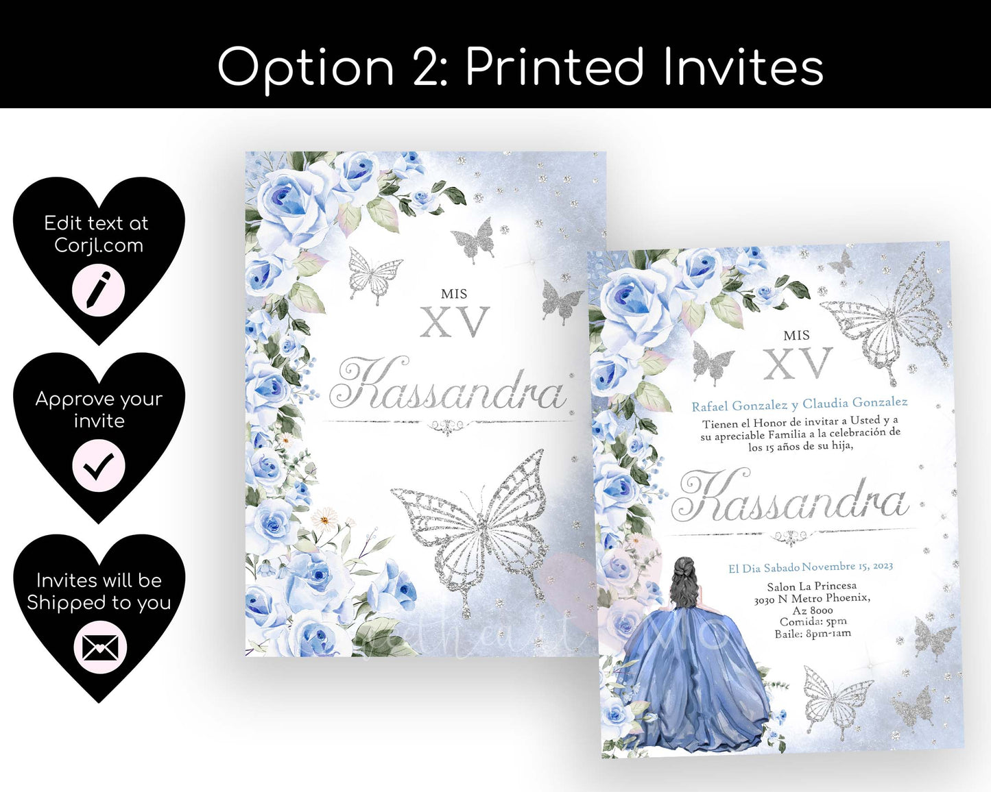 Blue and Silver Butterfly Quinceanera Invitation Style: Kassandra