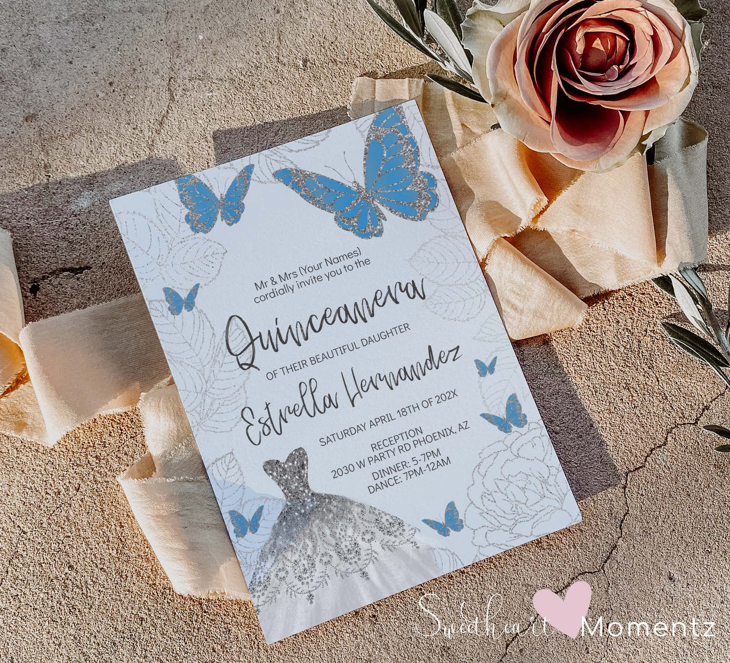 Baby Blue and Silver Butterfly Quinceanera Invitation Style: Estrella