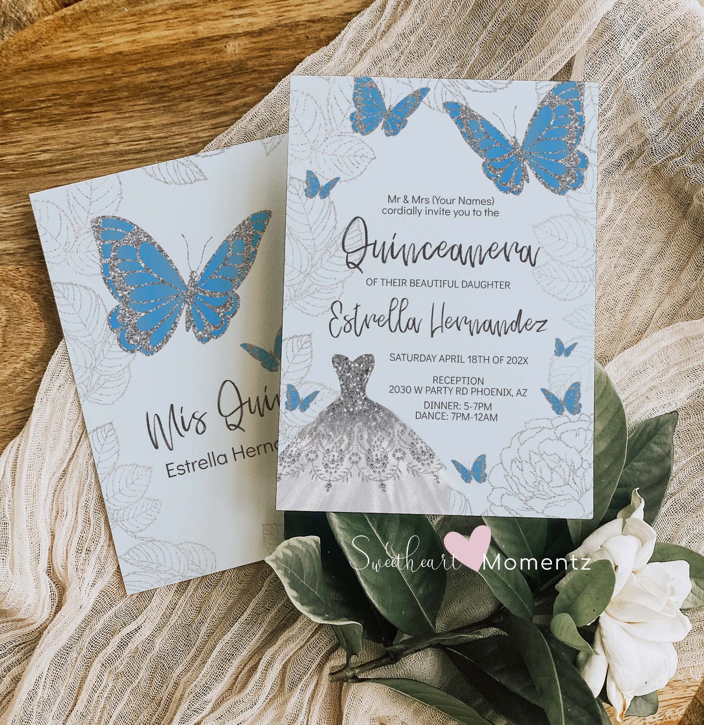 Baby Blue and Silver Butterfly Quinceanera Invitation Style: Estrella