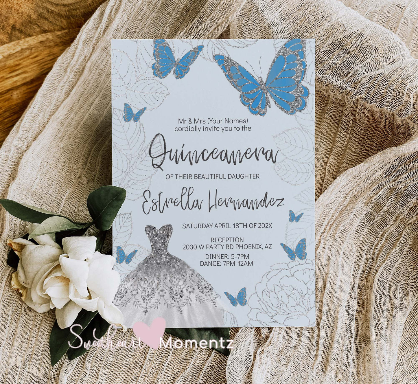 Baby Blue and Silver Butterfly Quinceanera Invitation Style: Estrella