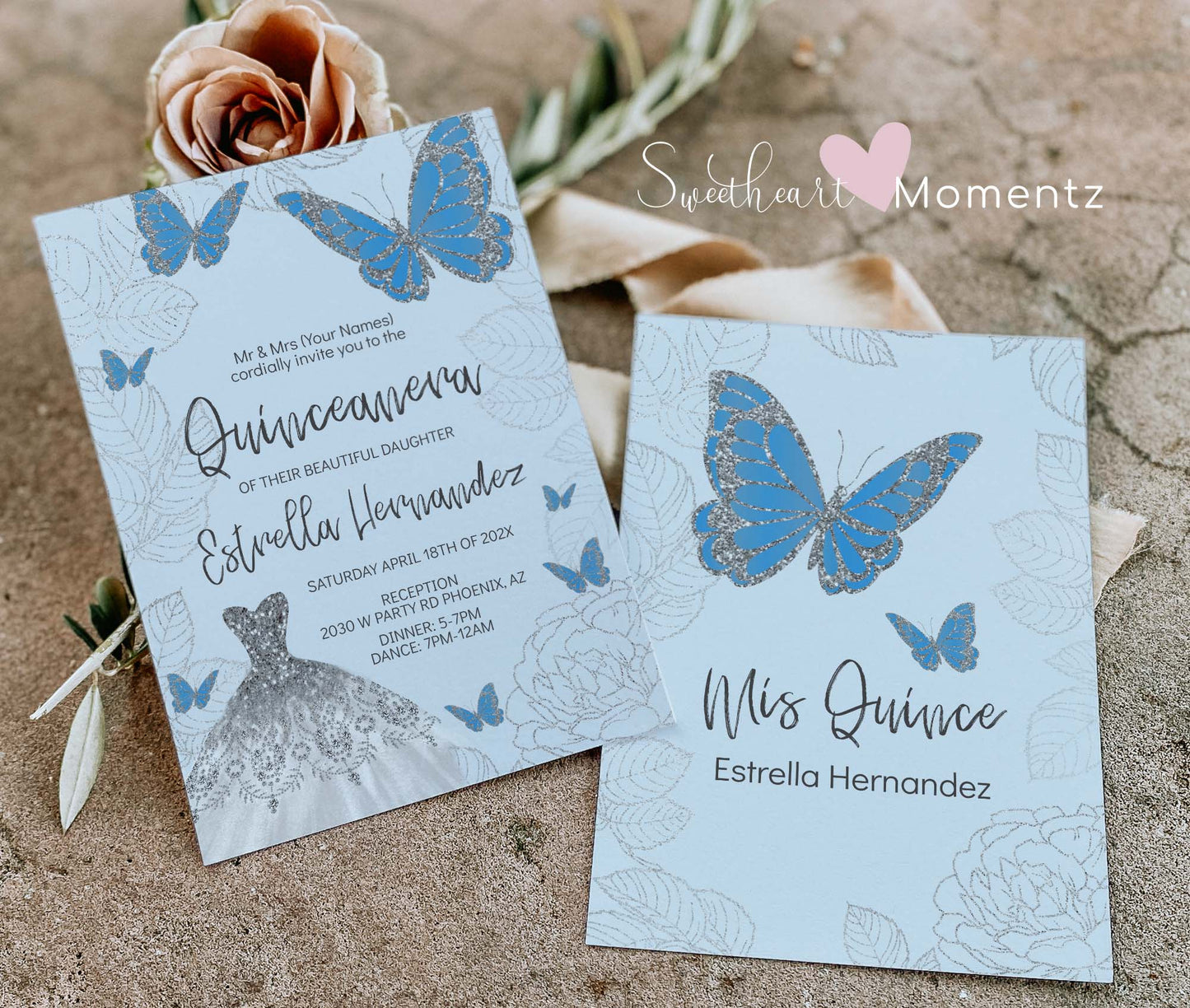 Baby Blue and Silver Butterfly Quinceanera Invitation Style: Estrella