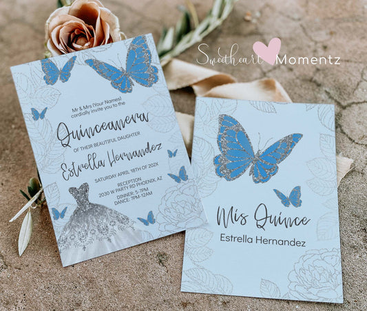 Baby Blue and Silver Butterfly Quinceanera Invitation Style: Estrella