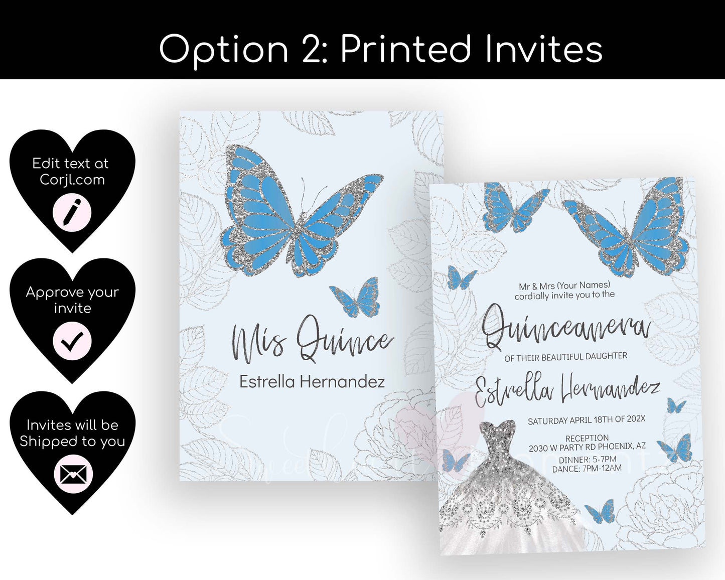 Baby Blue and Silver Butterfly Quinceanera Invitation Style: Estrella