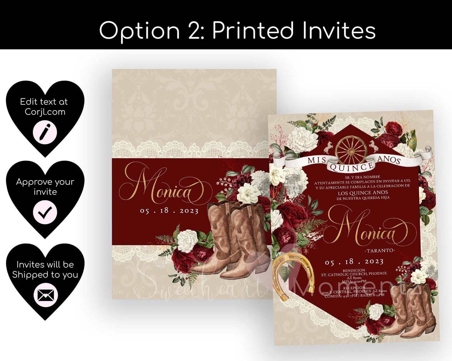 Burgundy and White Charro Quinceanera Invitation Style: Monica