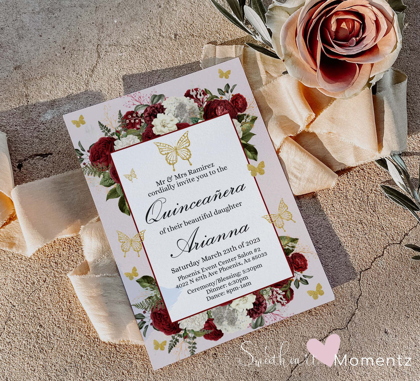 Burgundy and gold Butterfly Quinceanera Invitation Style: Arianna