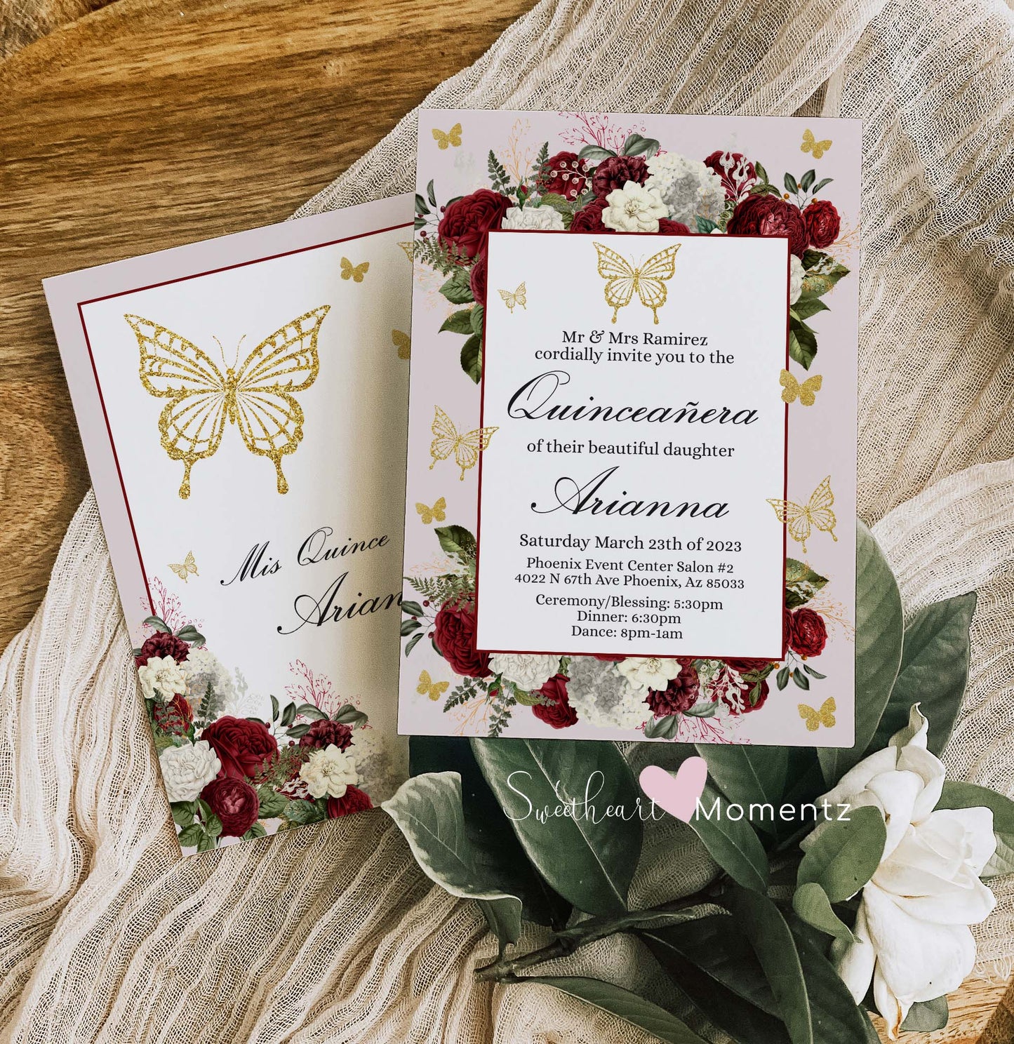 Burgundy and gold Butterfly Quinceanera Invitation Style: Arianna