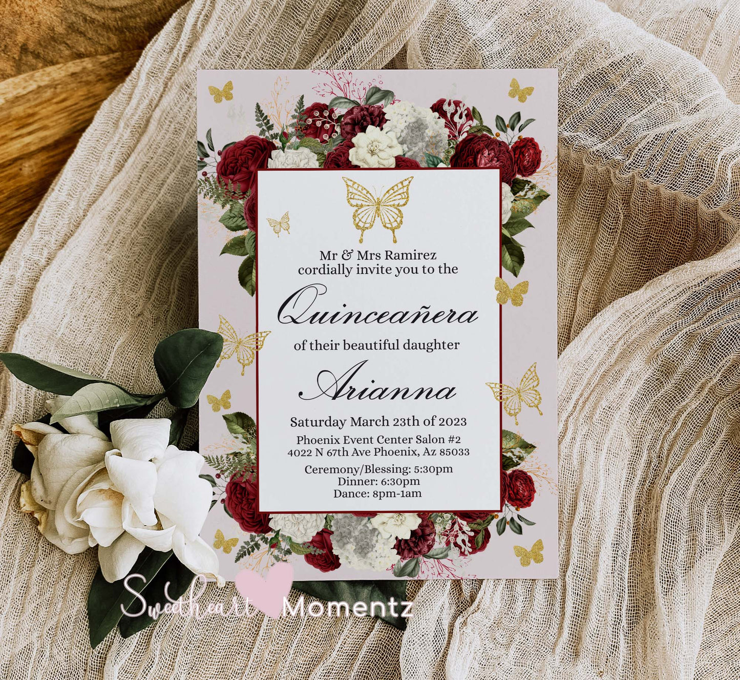 Burgundy and gold Butterfly Quinceanera Invitation Style: Arianna