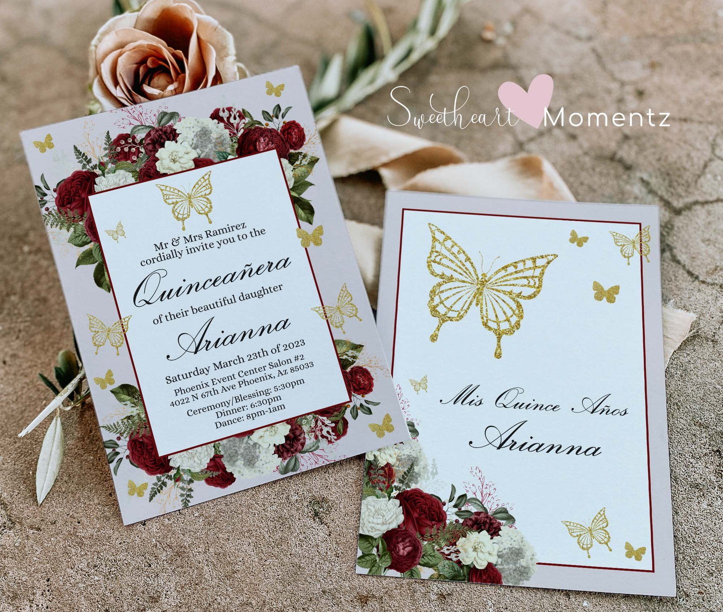 Burgundy and gold Butterfly Quinceanera Invitation Style: Arianna