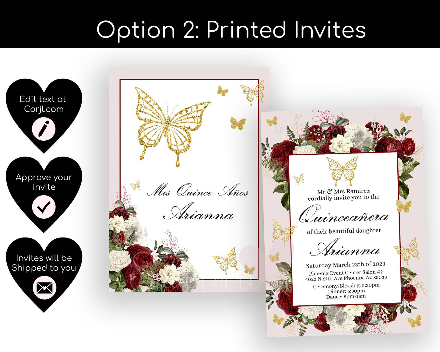 Burgundy and gold Butterfly Quinceanera Invitation Style: Arianna