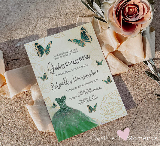 Emerald Green and Gold Butterfly Quinceanera Invitation Style: Estrella