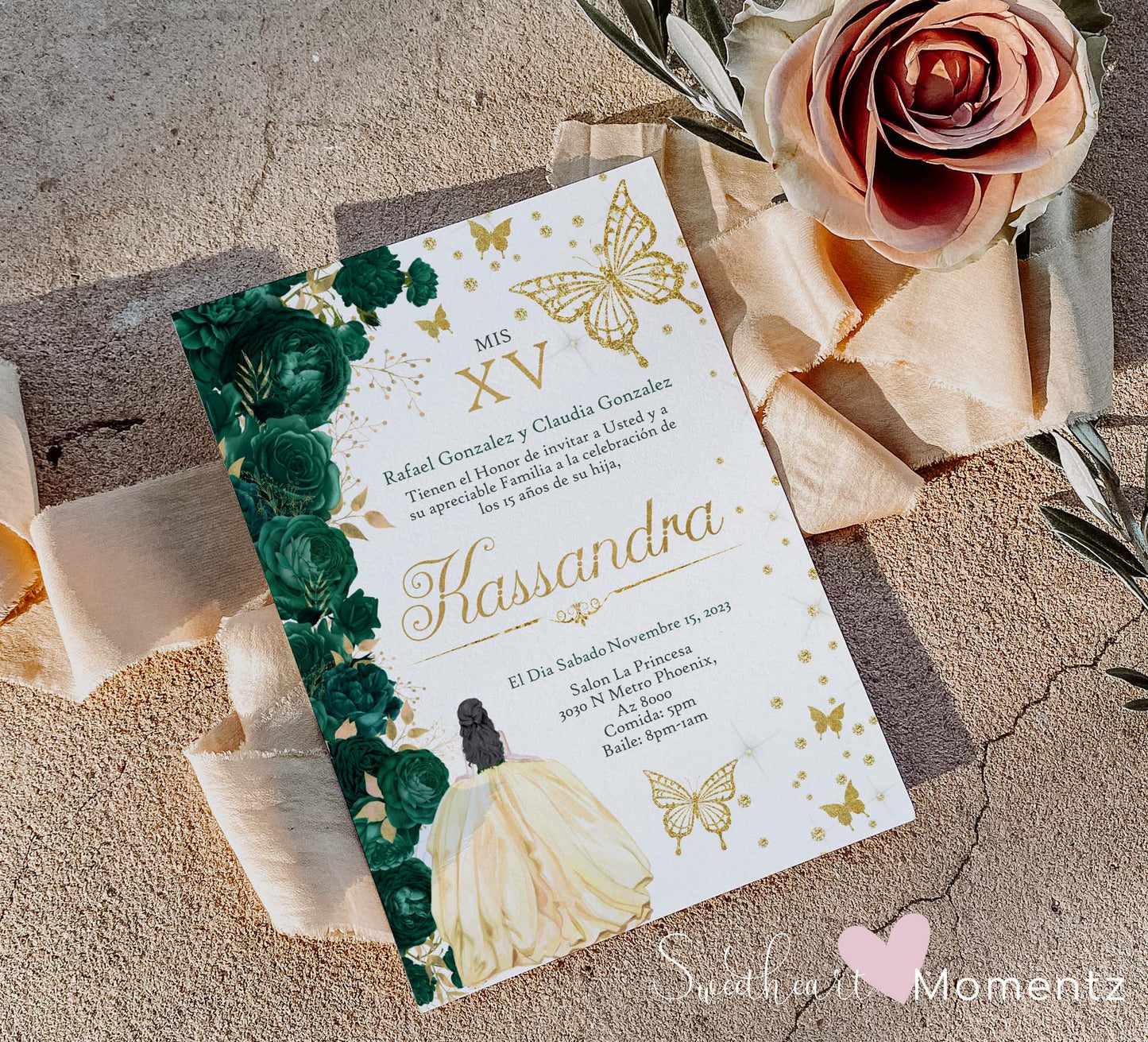 Emerald Green and Gold Butterfly Quinceanera Invitation Style: Kassandra