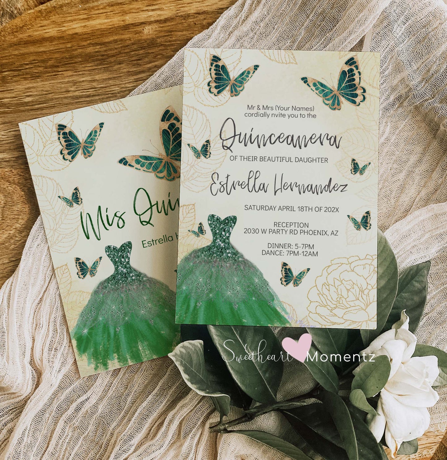 Emerald Green and Gold Butterfly Quinceanera Invitation Style: Estrella