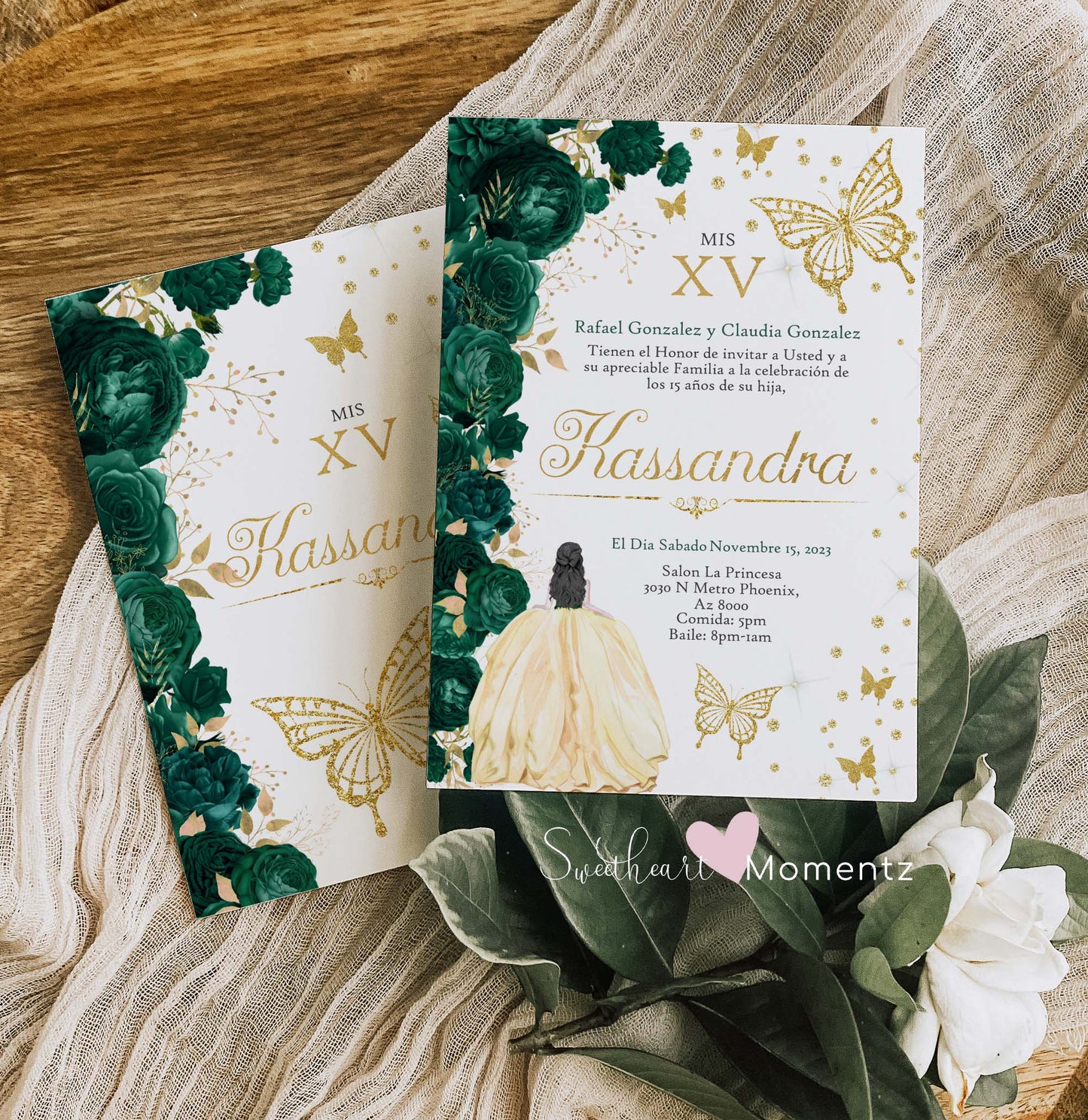 Emerald Green and Gold Butterfly Quinceanera Invitation Style: Kassandra