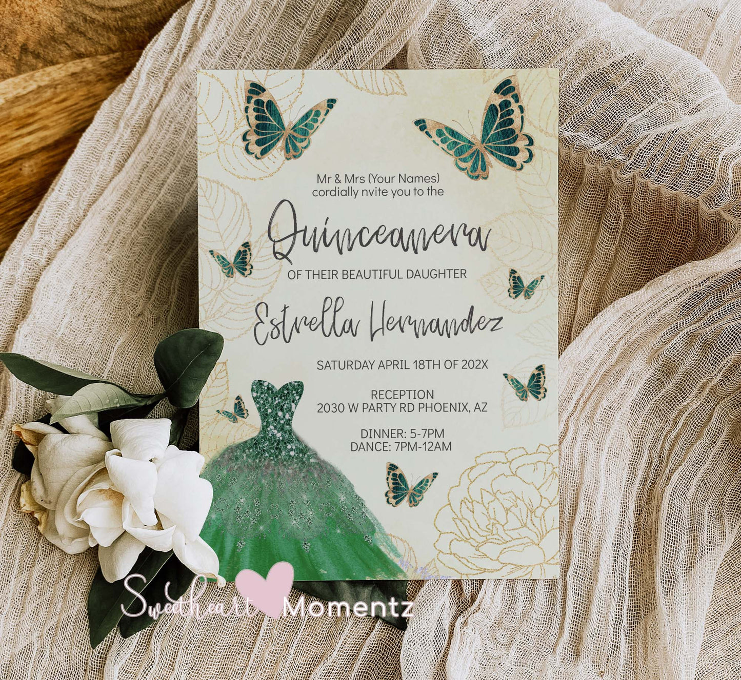 Emerald Green and Gold Butterfly Quinceanera Invitation Style: Estrella