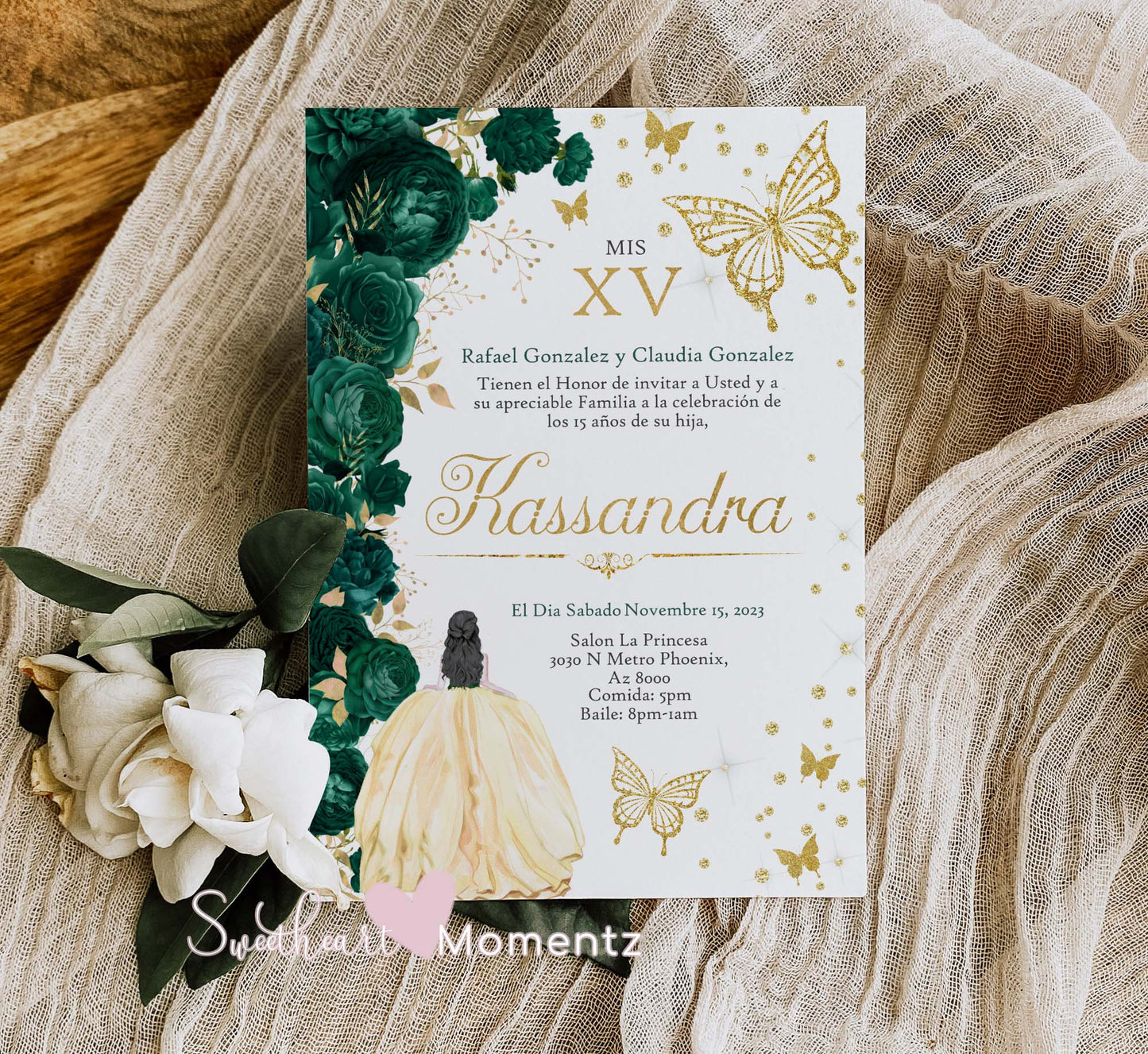 Emerald Green and Gold Butterfly Quinceanera Invitation Style: Kassandra