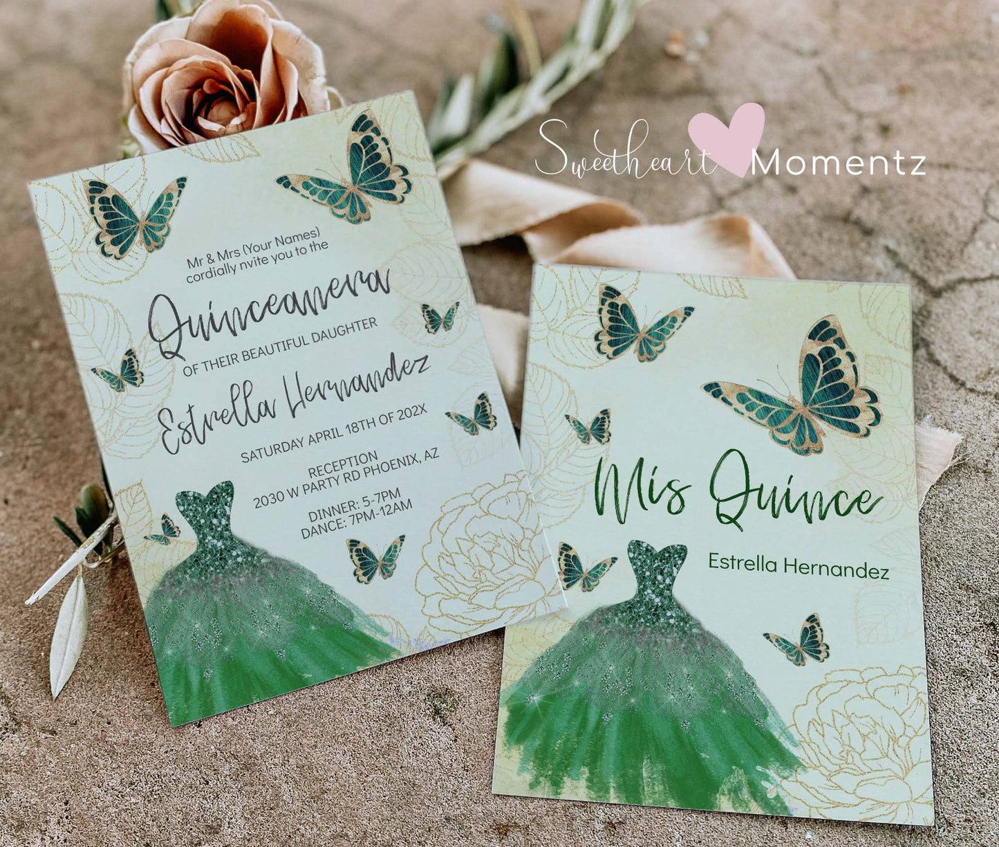 Emerald Green and Gold Butterfly Quinceanera Invitation Style: Estrella