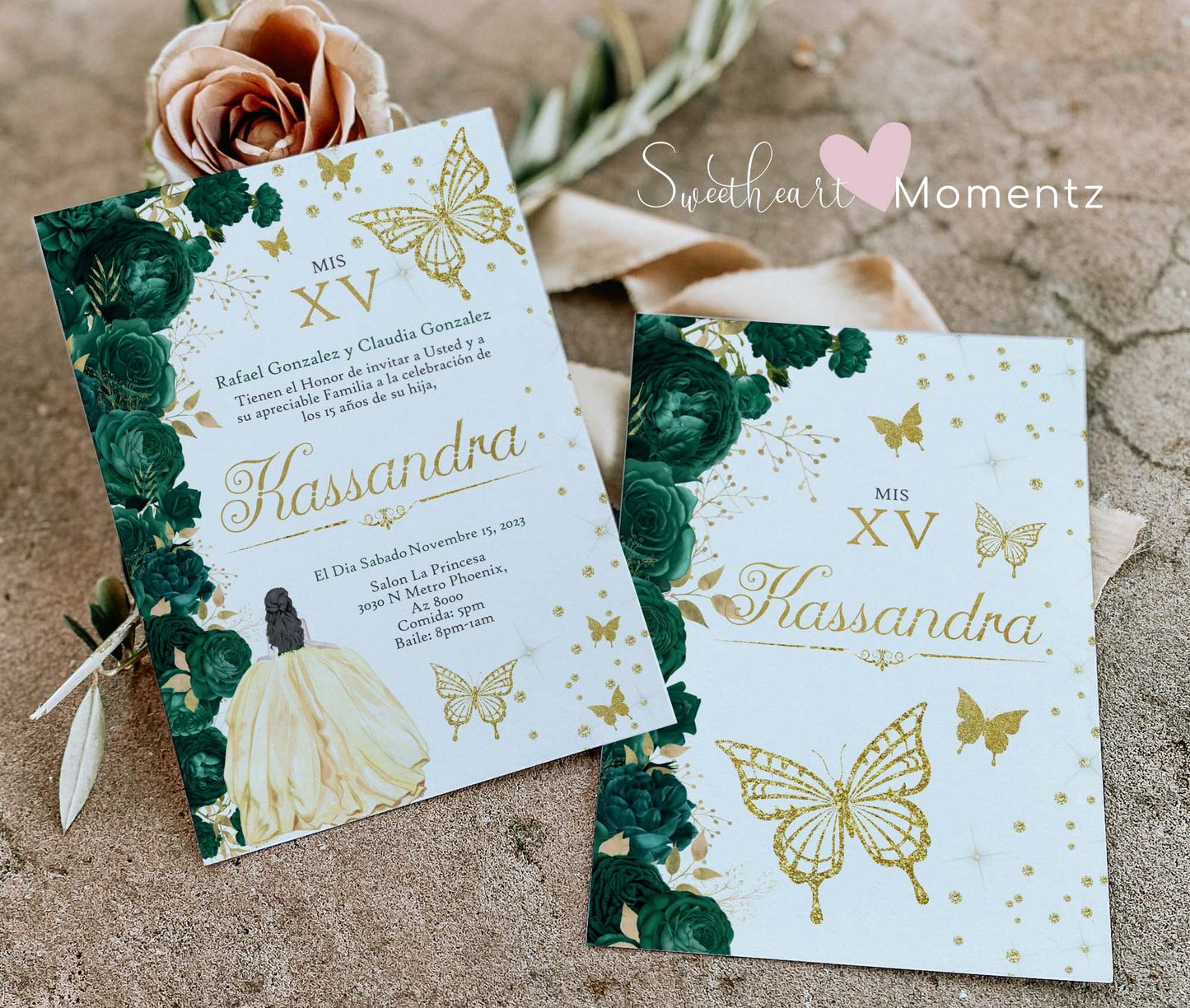 Emerald Green and Gold Butterfly Quinceanera Invitation Style: Kassandra