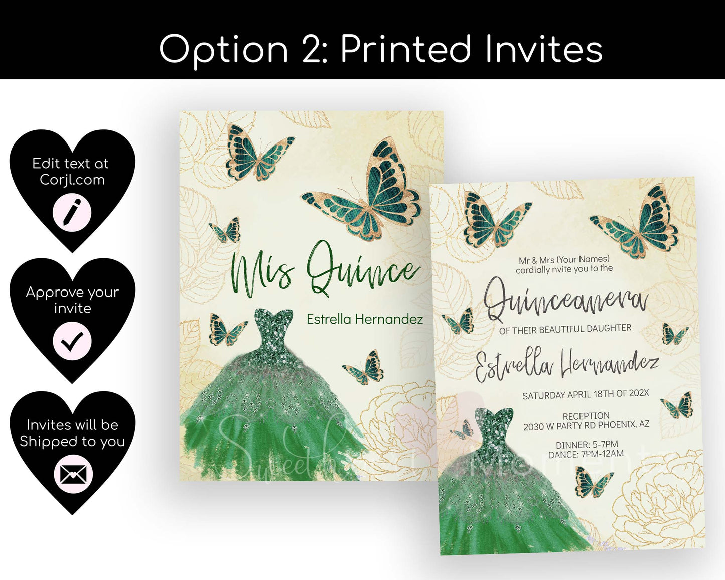 Emerald Green and Gold Butterfly Quinceanera Invitation Style: Estrella