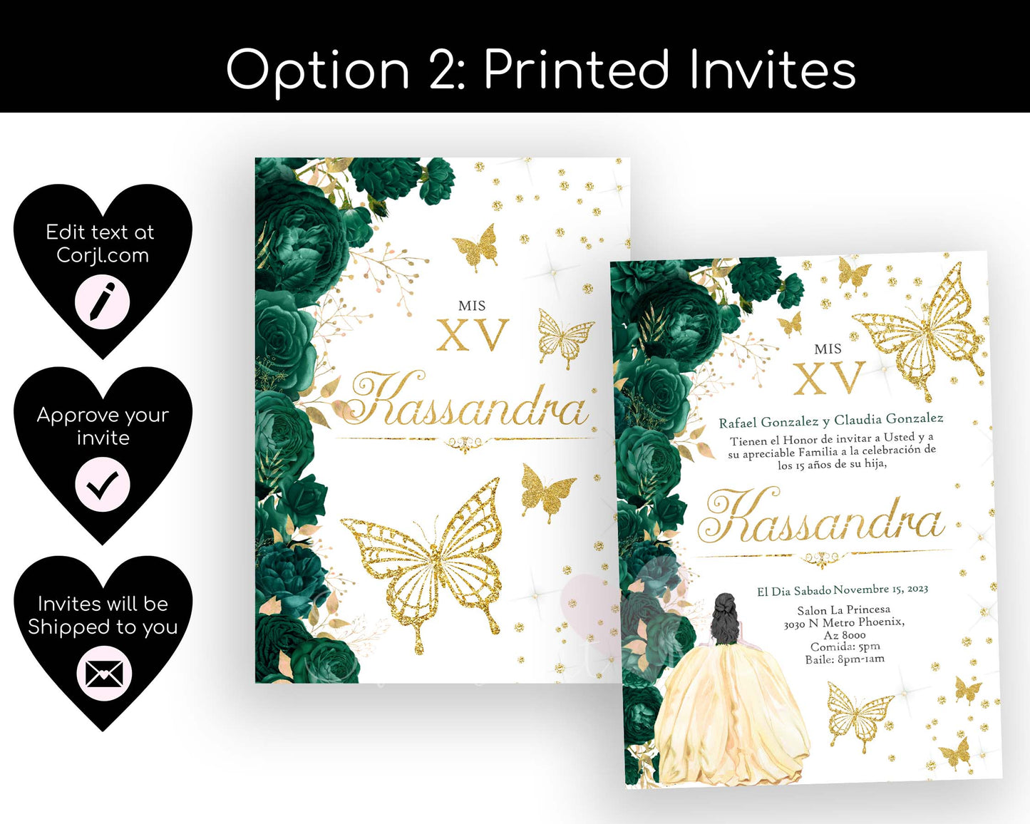 Emerald Green and Gold Butterfly Quinceanera Invitation Style: Kassandra