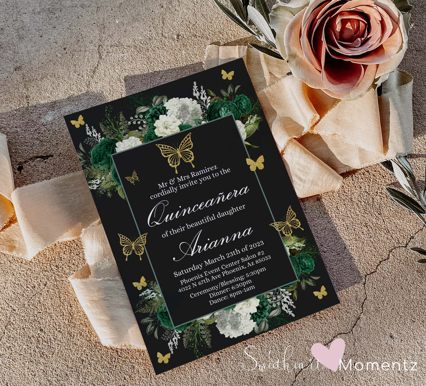 Emerald Green and gold Butterfly Quinceanera Invitation Style: Arianna