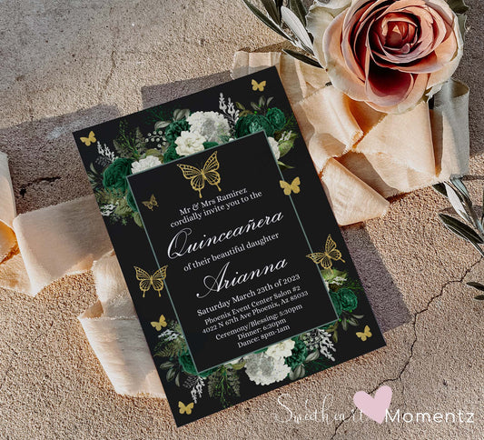 Emerald Green and gold Butterfly Quinceanera Invitation Style: Arianna