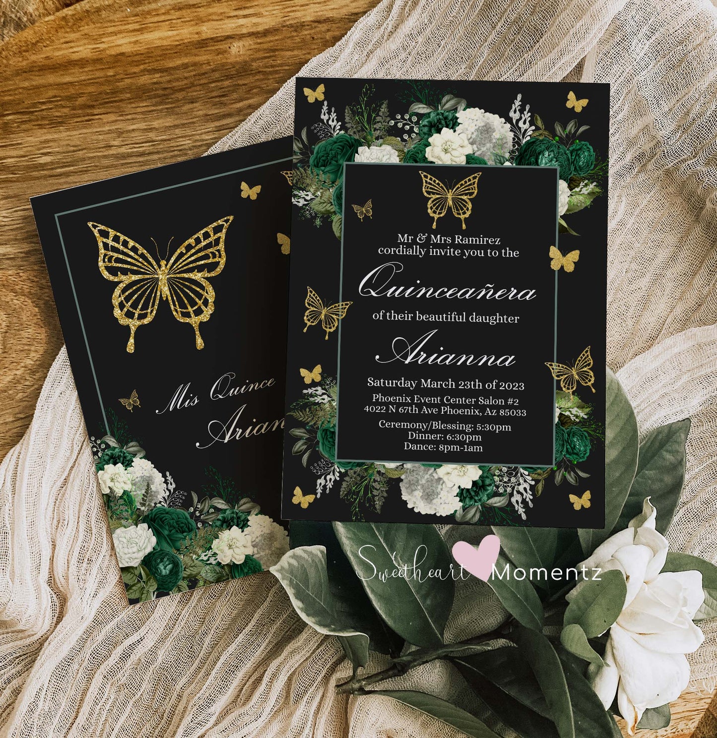 Emerald Green and gold Butterfly Quinceanera Invitation Style: Arianna