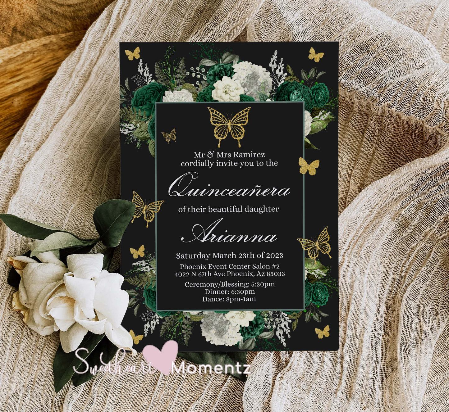 Emerald Green and gold Butterfly Quinceanera Invitation Style: Arianna