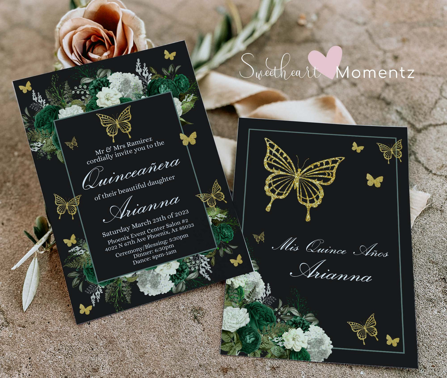 Emerald Green and gold Butterfly Quinceanera Invitation Style: Arianna