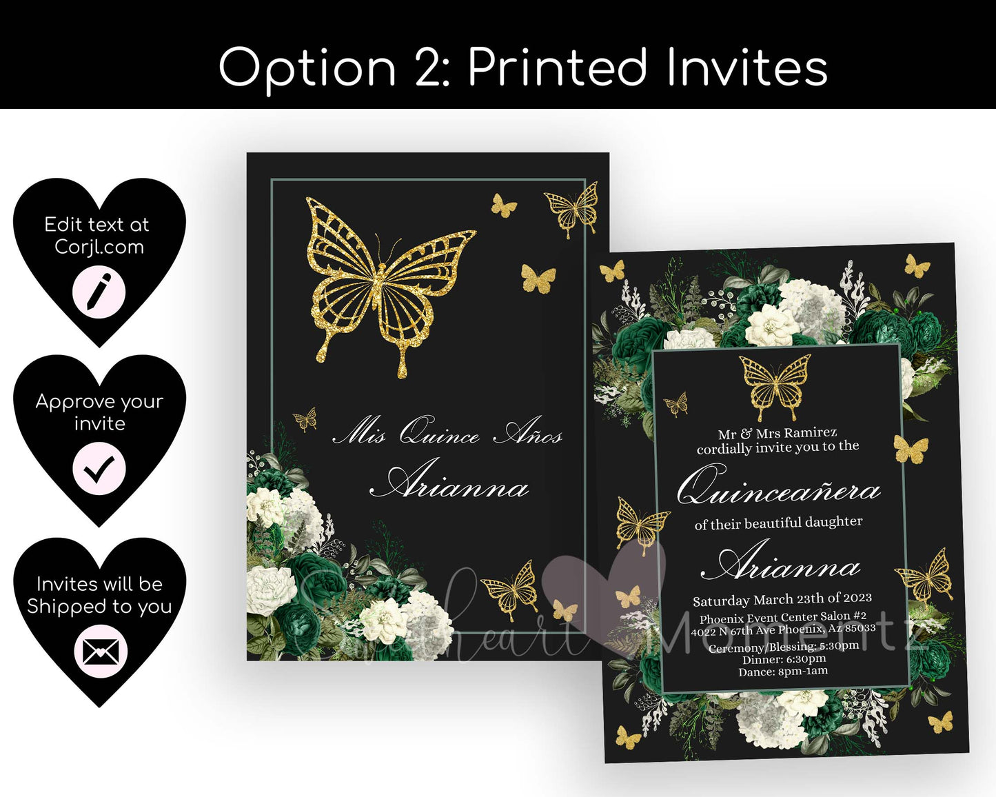 Emerald Green and gold Butterfly Quinceanera Invitation Style: Arianna