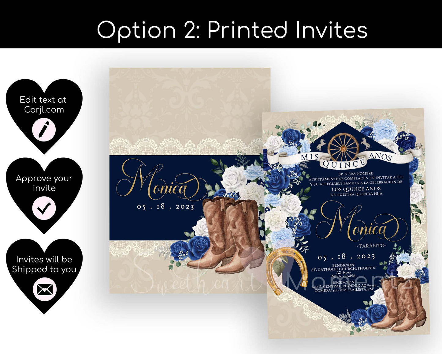 Blue and White Charro Quinceanera Invitation Style: Monica