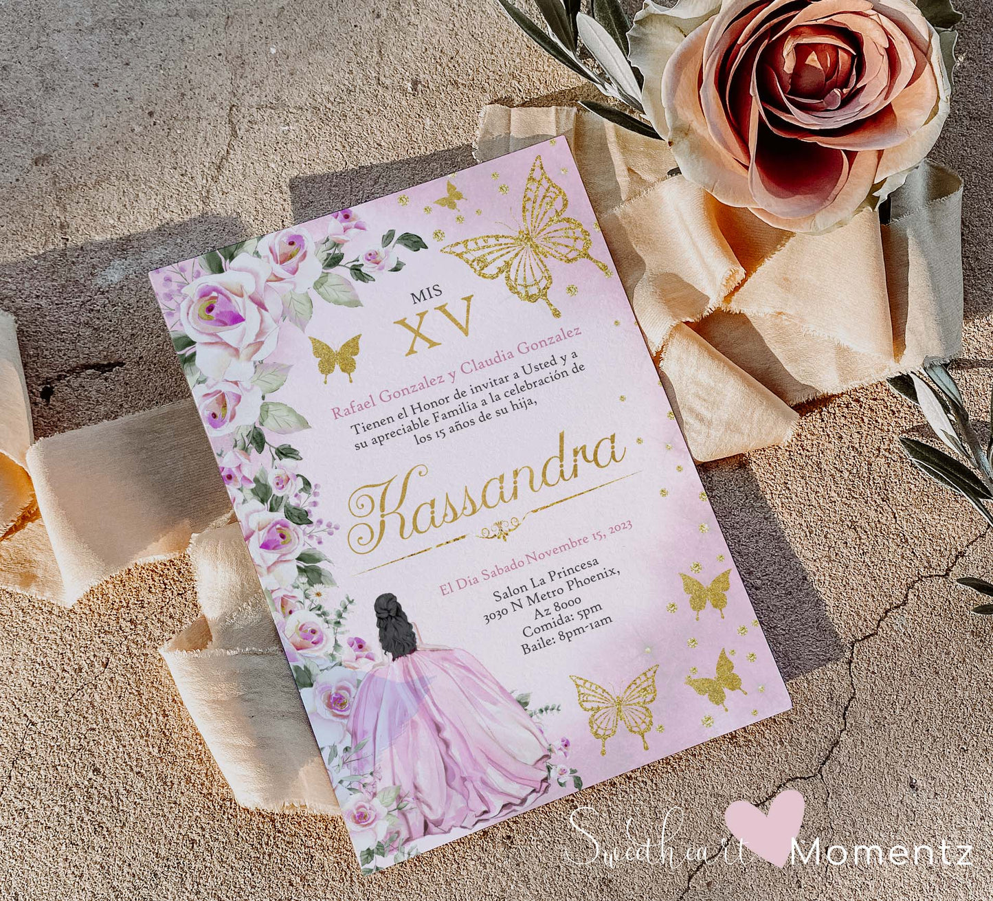 Pink and Golds Butterfly Quinceanera Invitation Style: Kassandra