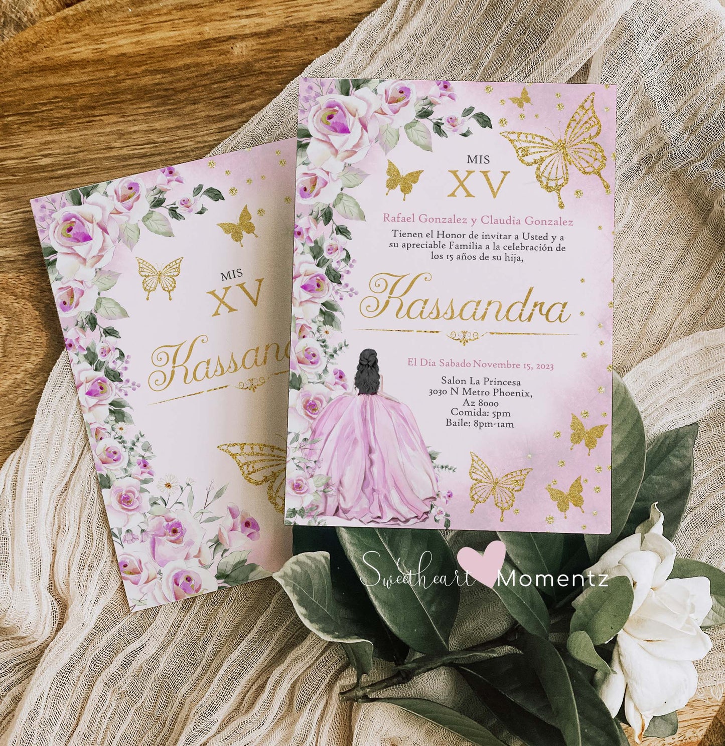 Pink and Golds Butterfly Quinceanera Invitation Style: Kassandra