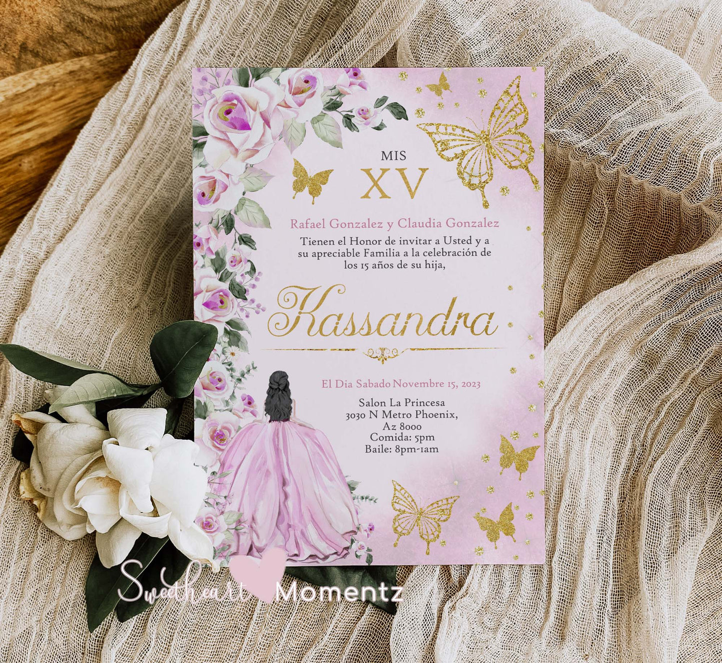 Pink and Golds Butterfly Quinceanera Invitation Style: Kassandra