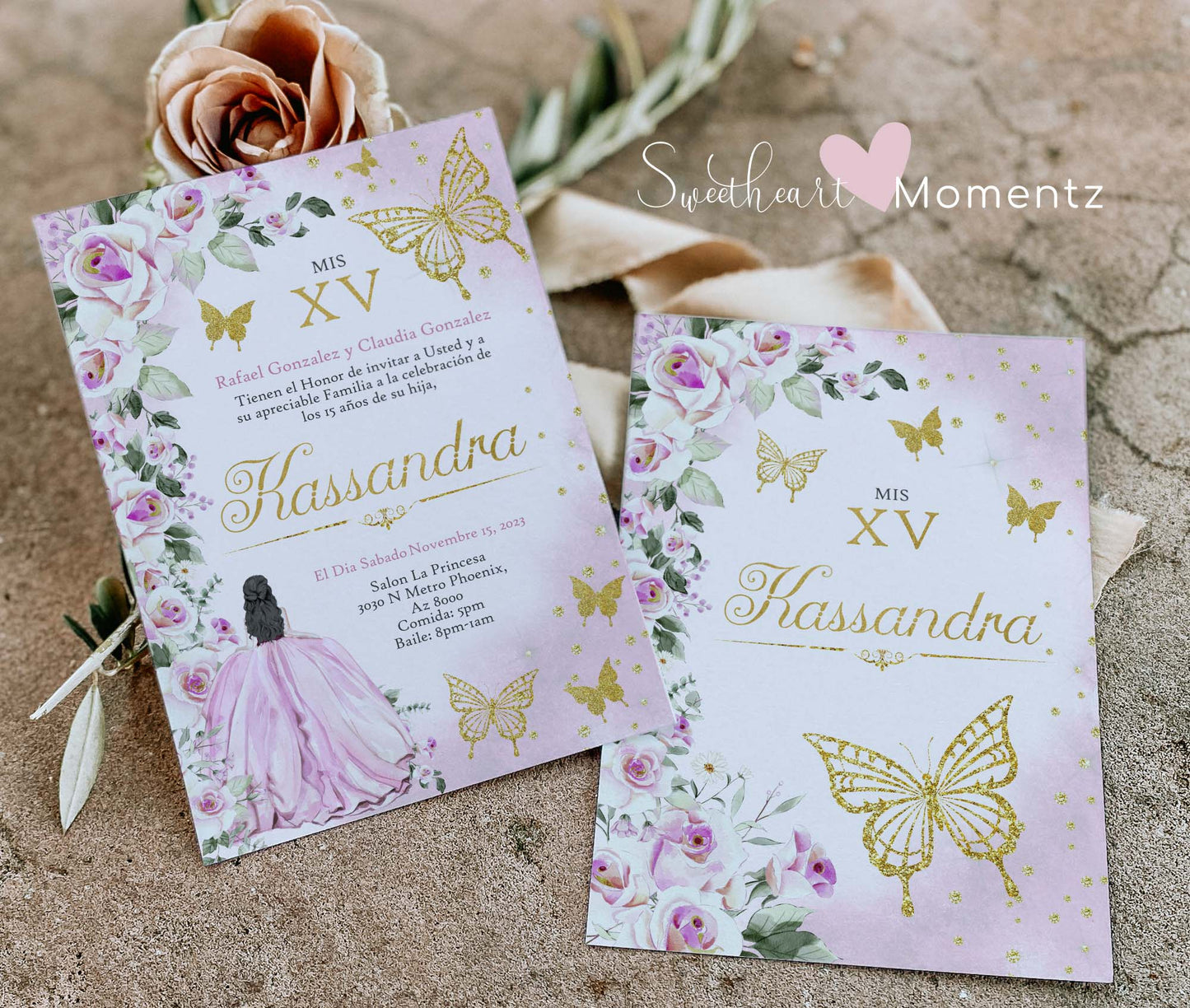 Pink and Golds Butterfly Quinceanera Invitation Style: Kassandra