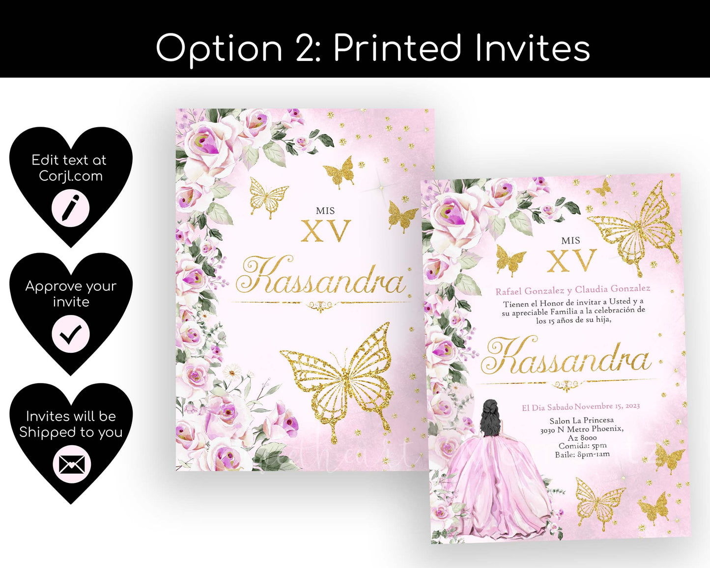 Pink and Golds Butterfly Quinceanera Invitation Style: Kassandra