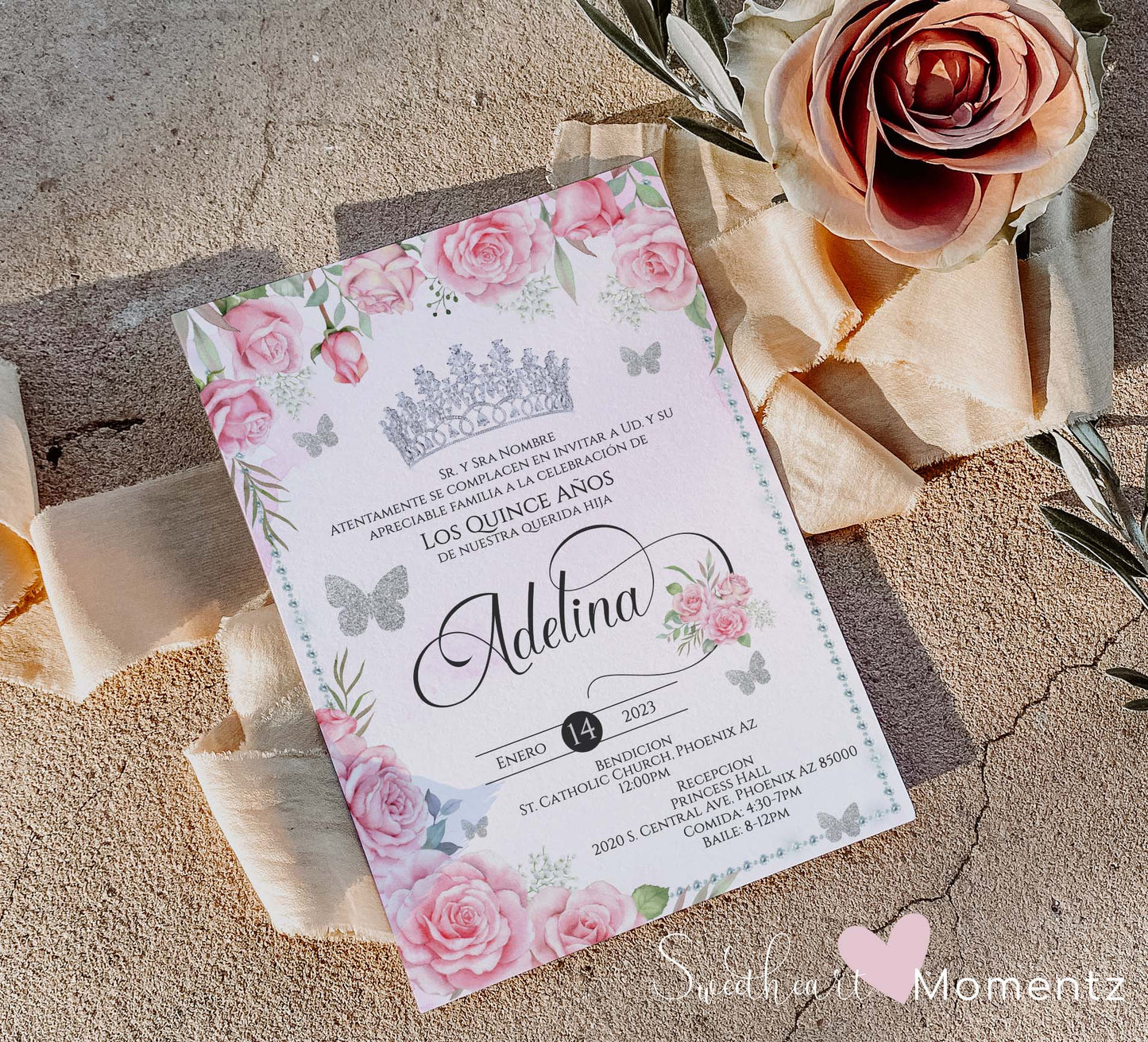 Pink Butterfly Quinceanera Invitation Style: Adelina